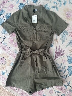 H&M Olive Utility Short-Sleeve Romper with Tie Waist